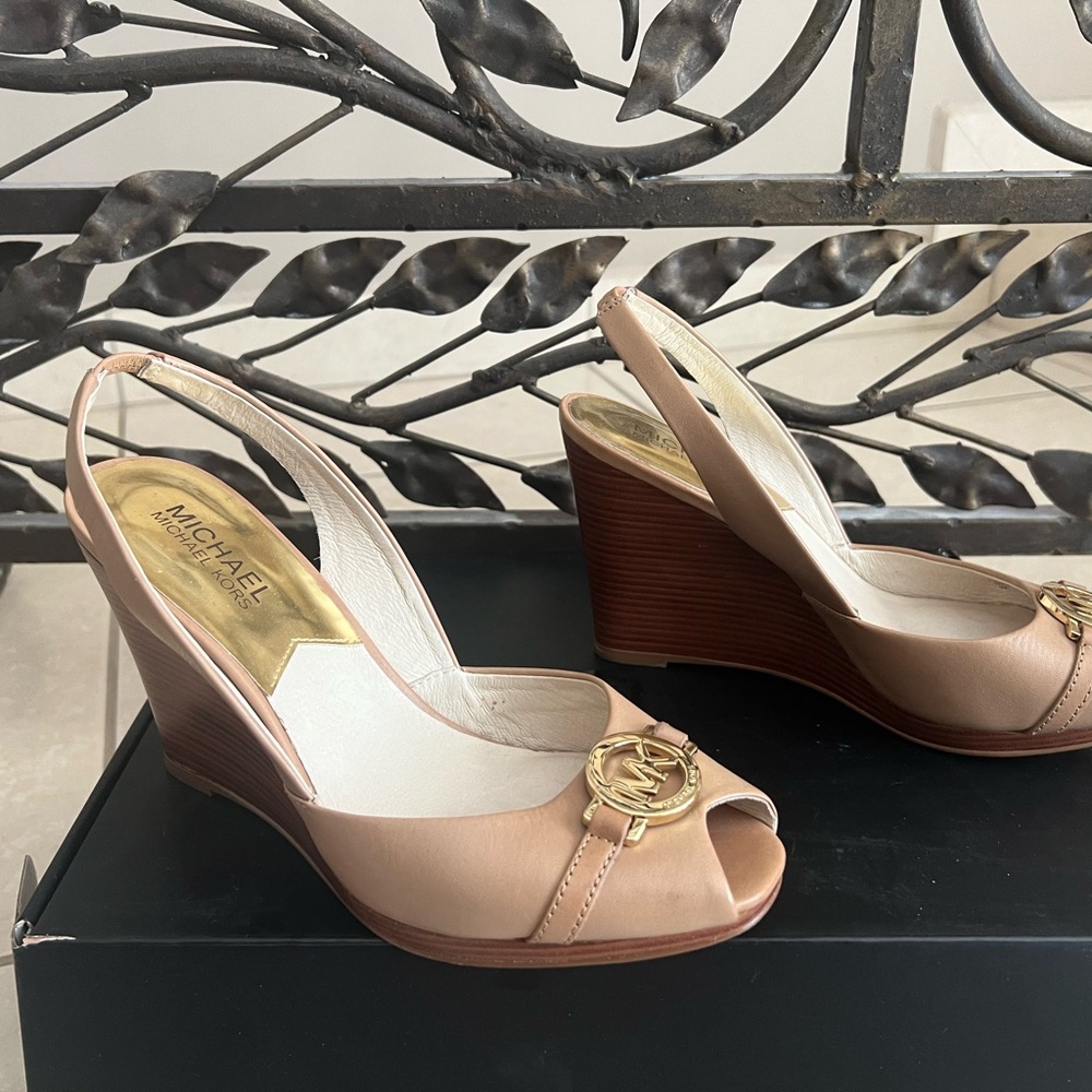 Michael Kors Leather Tan Wedge Sandals